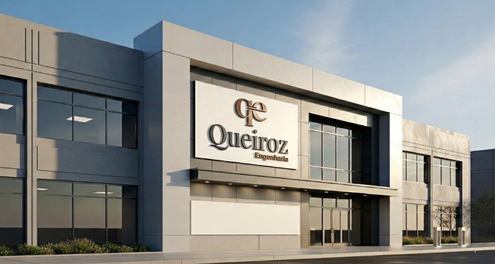 Fachada corporativa com placa Queiroz Engenharia